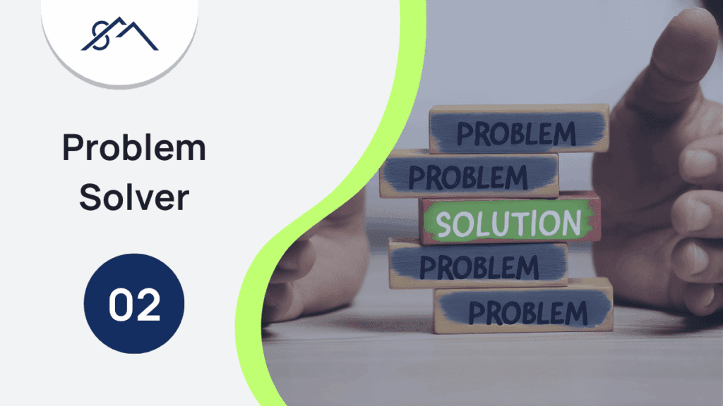 Branded graphic for What to Look for in a Property Practitioner in the East Rand, number 2: Problem solver, showing an image of puzzles embed with "problem" and one with "solution".