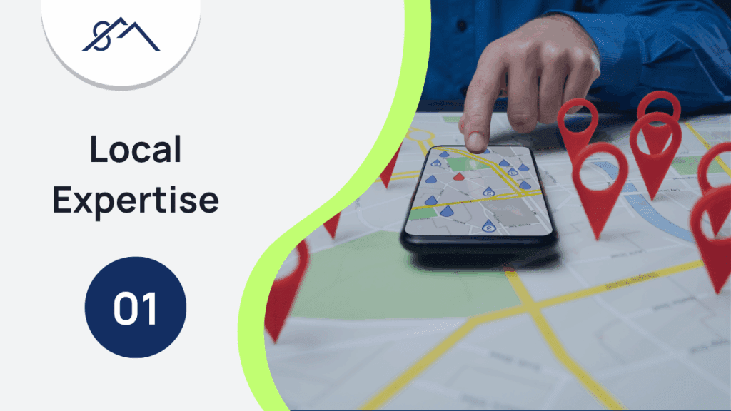 Branded graphic for What to Look for in a Property Practitioner in the East Rand, number 1: Property local expertise, showing an image of a map with pin points.