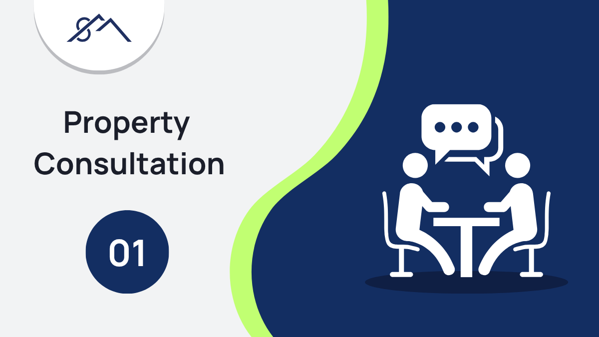 Branded graphic for Step 1: Property Consultation, showing an icon of consultation, part of a guide to selling property in the East Rand with Sibusiso Mogasoa's branding identity.