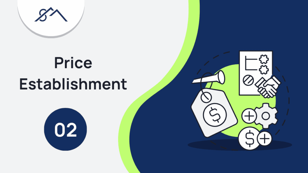 Branded graphic for Step 2: Price Establishment, showing an icon of price establishing tools, part of a guide to selling property in the East Rand with Sibusiso Mogasoa's branding.