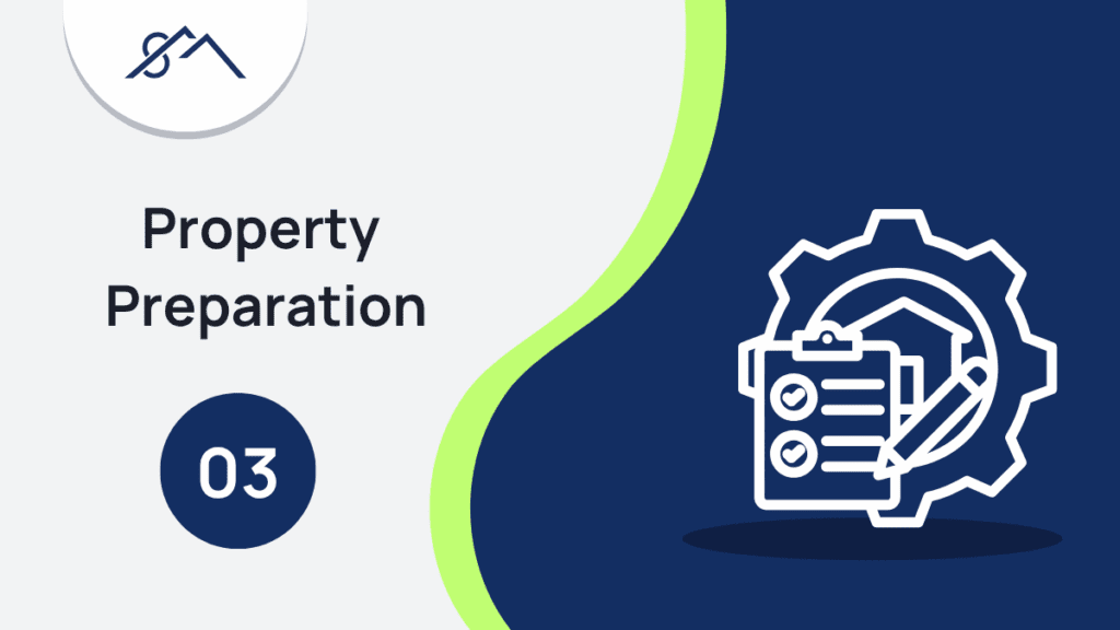 Branded graphic for Step 3: Property Preparation, showing an icon of Preparation checklist, part of a guide to selling property in the East Rand with Sibusiso Mogasoa's branding.