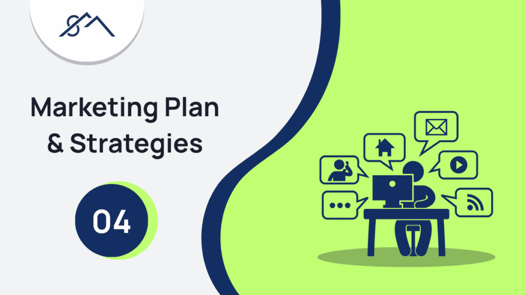 Branded graphic for Step 4: Marketing plan & strategies, showing an icon of Marketing planning along with tools, part of a guide to selling property in the East Rand with Sibusiso Mogasoa's branding.