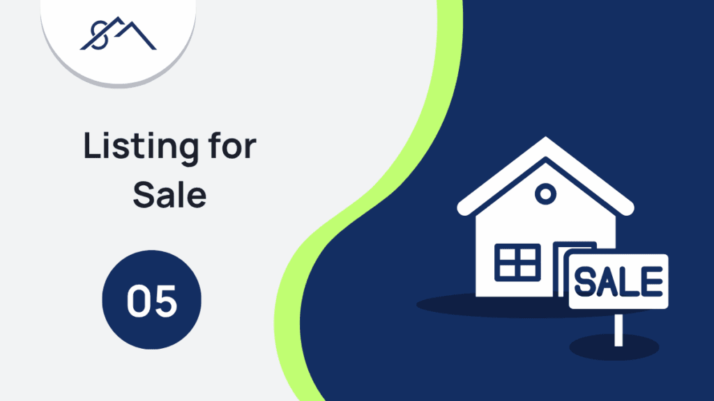 Branded graphic for Step 5: Listing for Sale, showing an icon of house with a for sale sign, part of a guide to selling property in the East Rand with Sibusiso Mogasoa's branding.