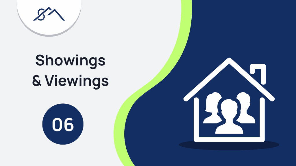 Branded graphic for Step 6: Showings & Viewings, showing an icon of house with embed people inside the house, part of a guide to selling property in the East Rand with Sibusiso Mogasoa's branding.