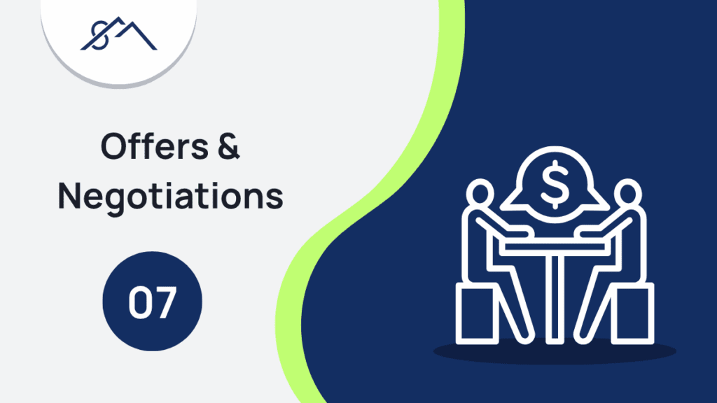 Branded graphic for Step 7: Offers & Negotiations, showing an icon of two individuals sitting on a table negotiating, part of a guide to selling property in the East Rand with Sibusiso Mogasoa's branding.