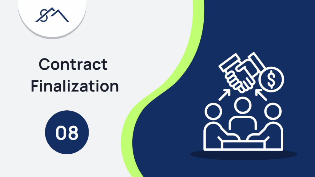 Branded graphic for Step 8: Contract Finalization, showing an icon of two individuals agreeing to terms of a contract, part of a guide to selling property in the East Rand with Sibusiso Mogasoa's branding.