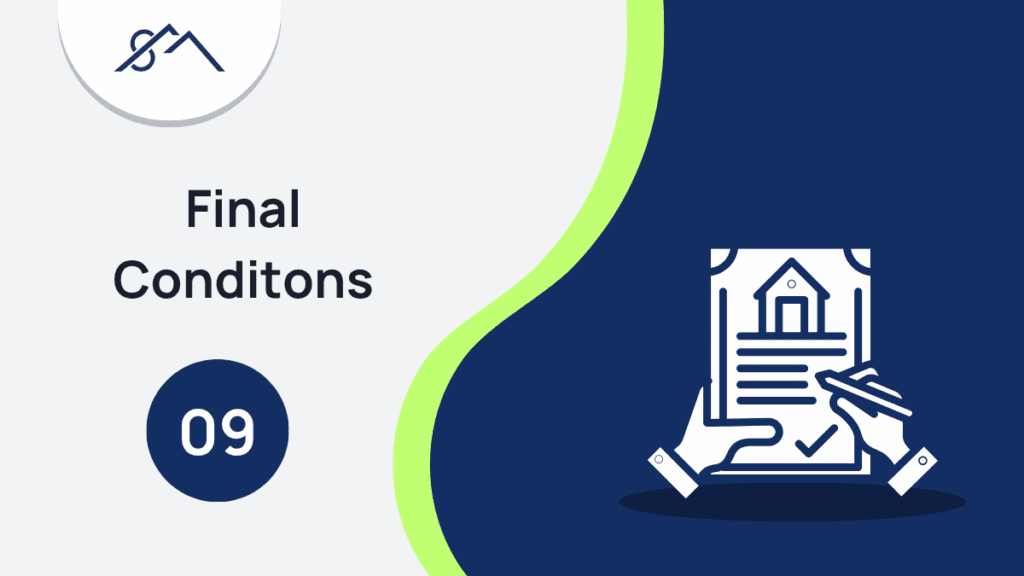 Branded graphic for Step 9: Final Conditions, showing an icon of a checklist of the final conditions being checked, part of a guide to selling property in the East Rand with Sibusiso Mogasoa's branding.
