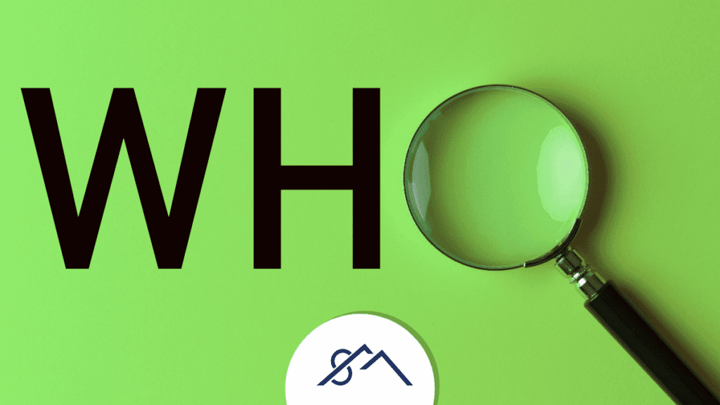 Branded graphic for blog post - Why Your Home Isn't Selling: A Deep Dive into Modern Property Marketing in the East Rand, a magnifying glass with the word "Who". dealing with who is our ideal home buyer