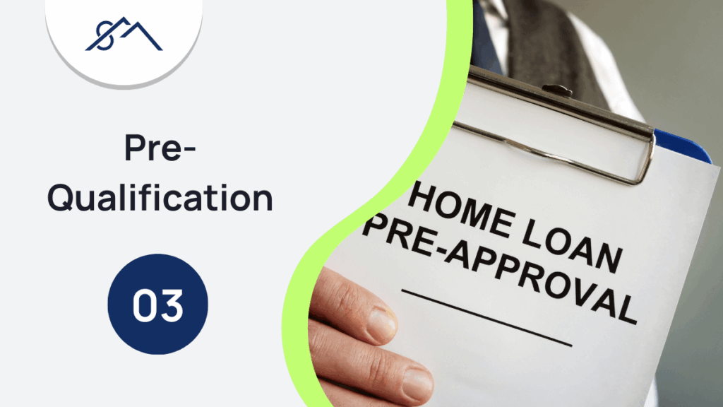 Branded graphic for Part 3: Pre-Qualification, showing an icon of a pre-qualification certificate, from a guide to buying property in the East Rand with Sibusiso Mogasoa's branding.