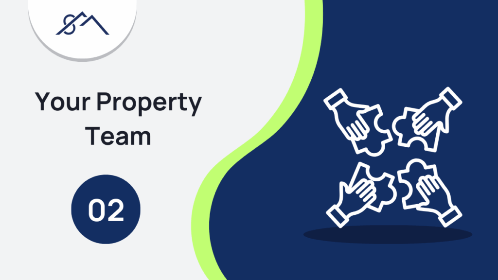 Branded graphic for Step 2: Assemble Your Property Team, showing an icon of three people working together, part of a guide to buying property in the East Rand with Sibusiso Mogasoa's branding.