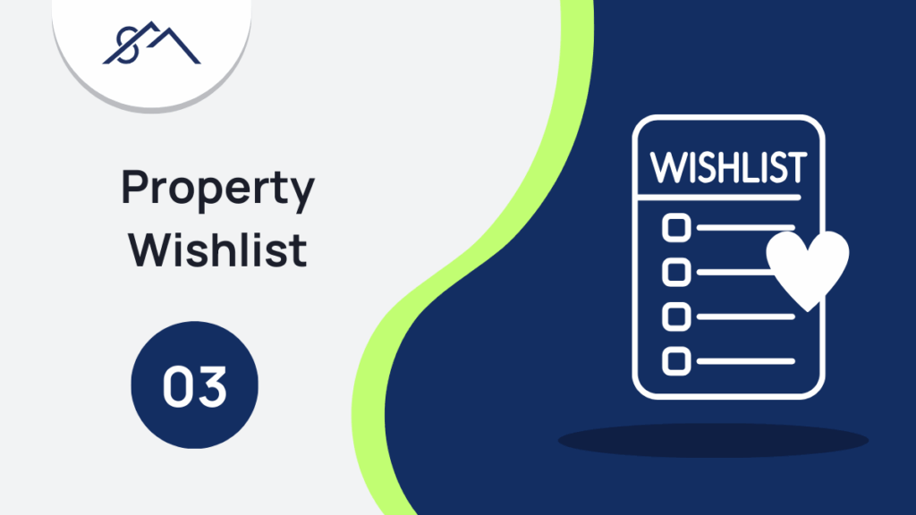 Branded graphic for Step 3: Create Your Property Wishlist, showing an icon of a checklist, part of a guide to buying property in the East Rand with Sibusiso Mogasoa's branding.