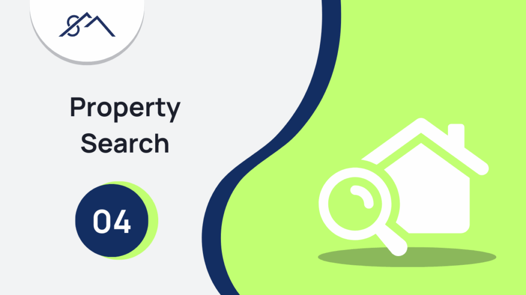 Branded graphic for Step 4: How to Find Your Perfect Home, showing an icon of a magnifying glass over a house, part of a guide to buying property in the East Rand with Sibusiso Mogasoa's branding.