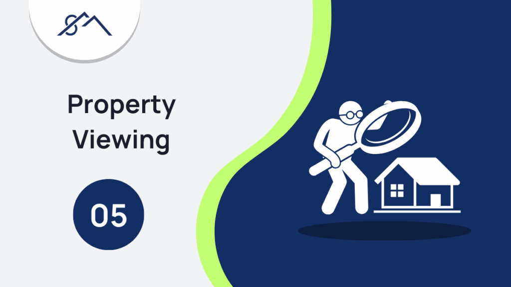 Branded graphic for Step 5: How to View a Property Like a Pro, showing an icon of an eye looking at a house, part of a guide to buying property in the East Rand with Sibusiso Mogasoa's branding.