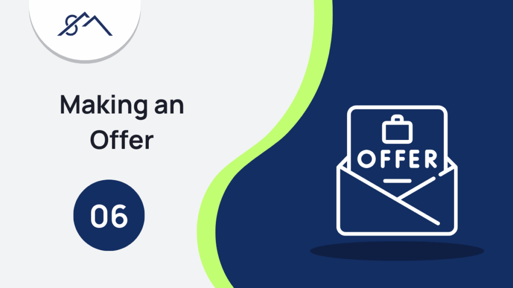 Branded graphic for Step 6: How to Make an Offer to Purchase, showing an icon of a pen signing a document, part of a guide to buying property in the East Rand with Sibusiso Mogasoa's branding.