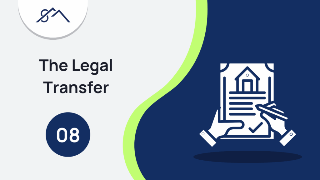 Branded graphic for Step 8: The Conveyancing Process Explained, showing an icon of a legal gavel, part of a guide to buying property in the East Rand with Sibusiso Mogasoa's branding.